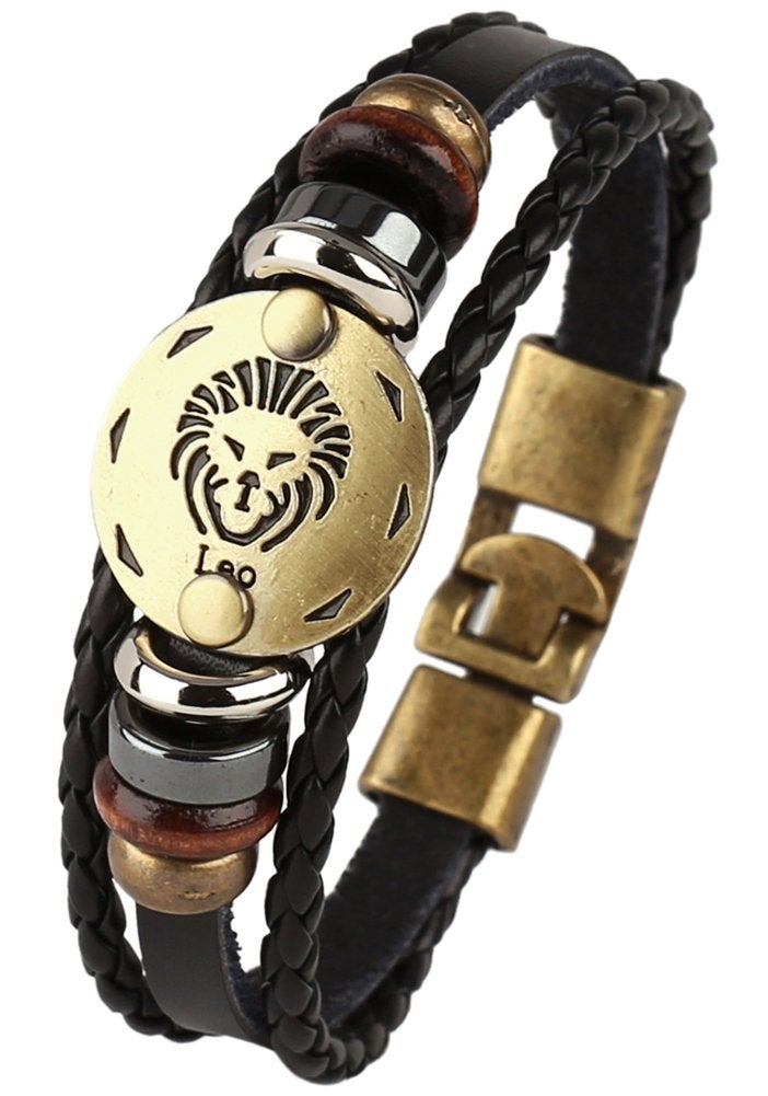Hamoery Punk Alloy Leather Bracelet For Men Constellation Braided Rope Bracelet Bangle Wristband(Leo) - Image 1
